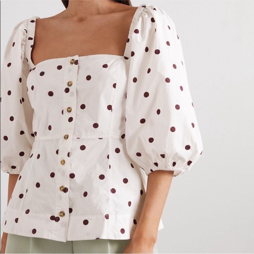 GANNI Polka Dot Puff Sleeve Top